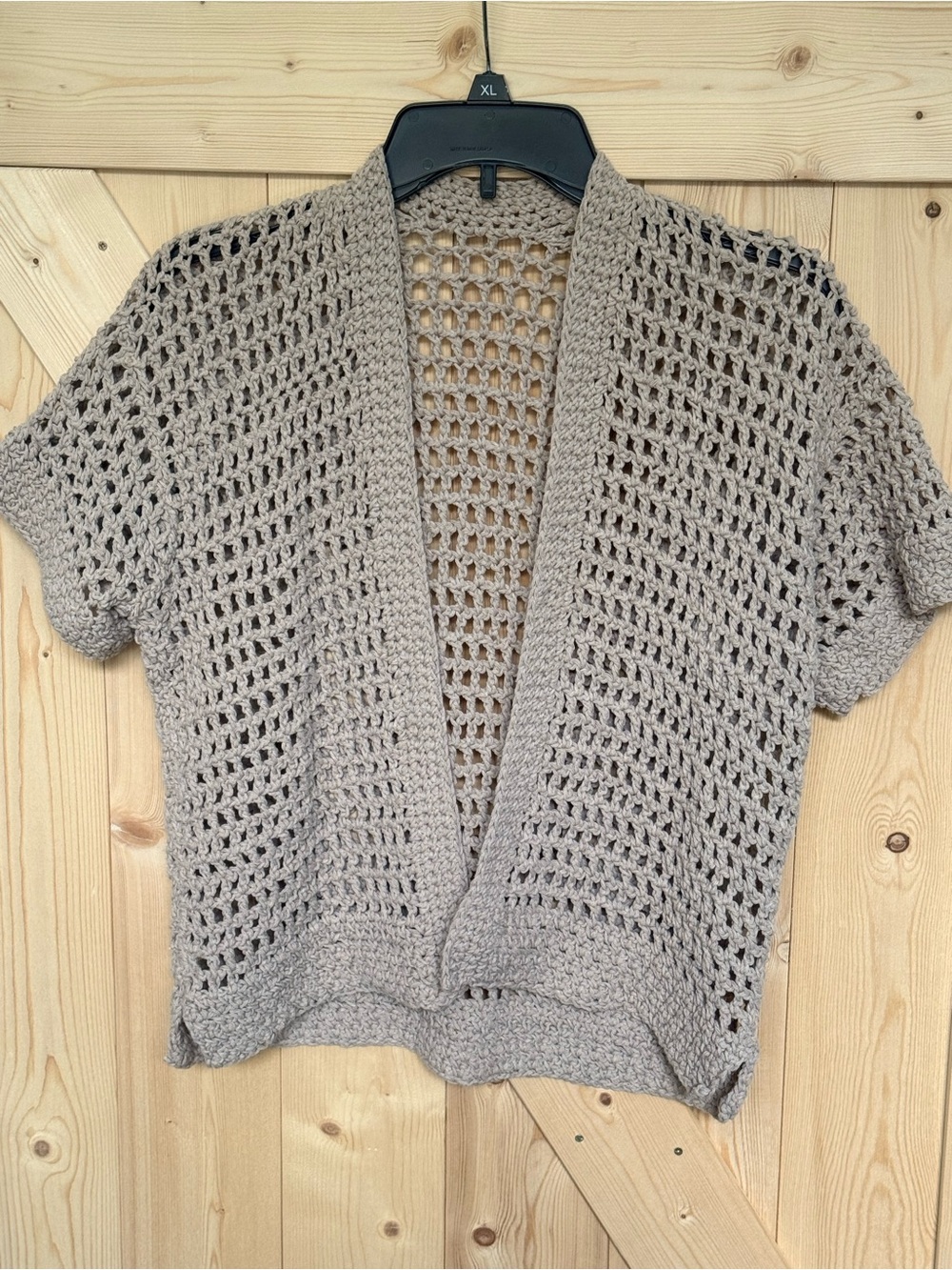 Open-Weave Short Sleeve Cardigan Sweater - Taupe
